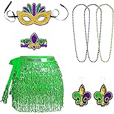 Rthjsfj 7Pcs Mardi Gras Costume Accessory Set Sequins Wrap Skirt Mardi Gras Earrings Bracelet Mask Beads Necklaces for Carnival Outfits