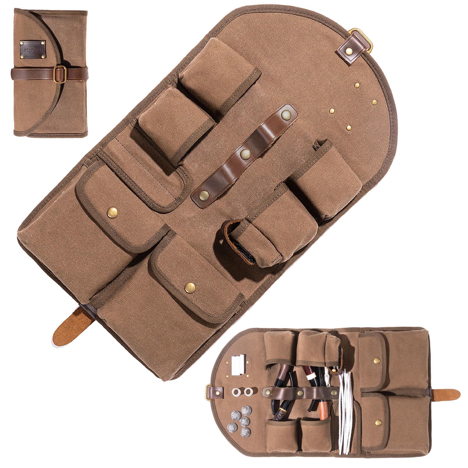 Photo 1 of MrPyer Waxed Canvas 4 Pipe Tobacco Pouch, Smoking Tobacco Pipe Case Accessories Organizer, Durable Foldable Travel Smoking Bag With Leather Stand