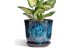 SUNPOTFOR 5.6 Inch Plant Pot - Ceramic Pots for Plants with Drainage Hole and Saucer, Round Succulent Flower Orchid Pot for Indoor Outdoor, Modern Planter, Home Room Decor, Gift for Plant Lover, Blue