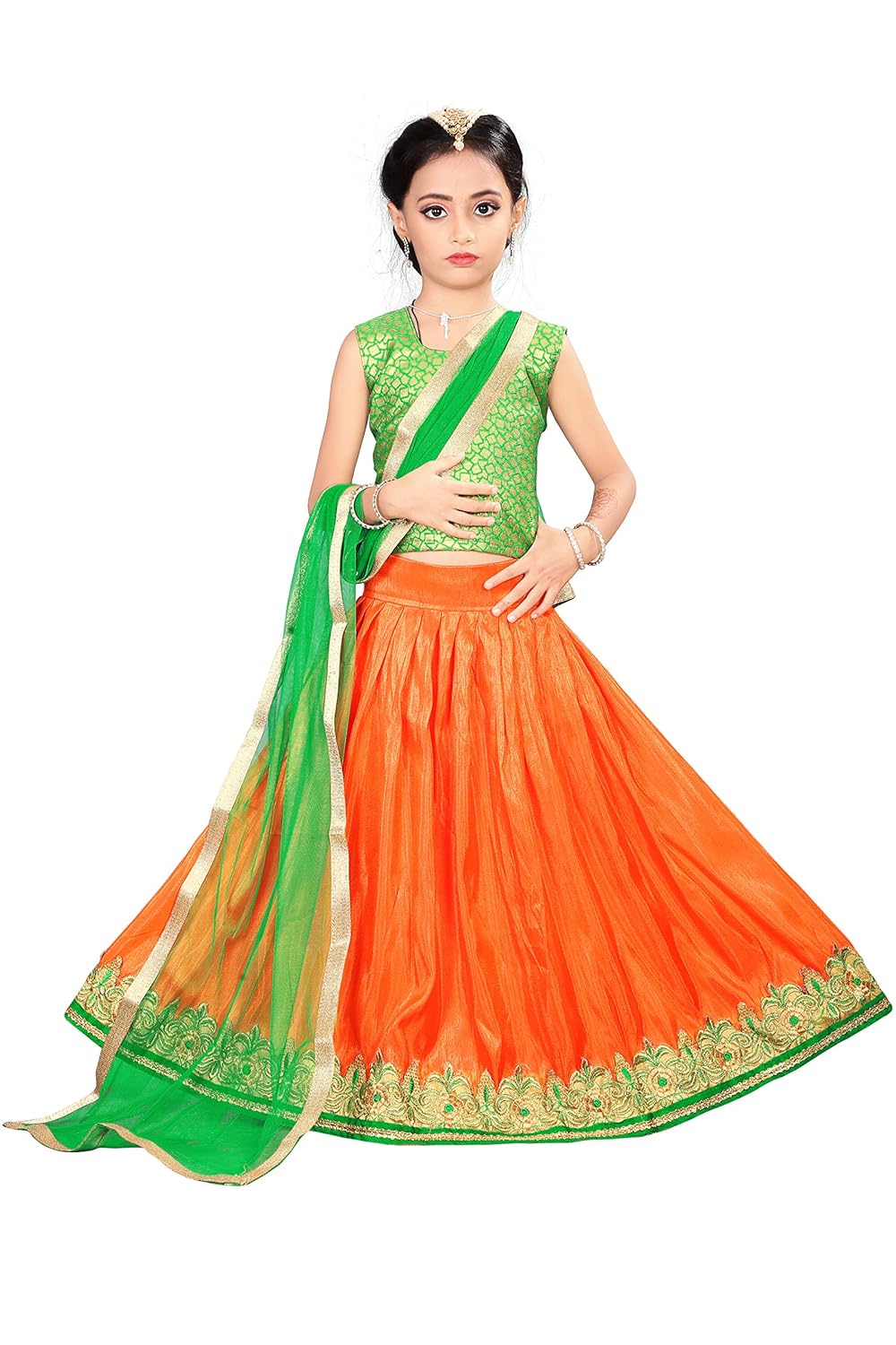orange and green lehenga choli