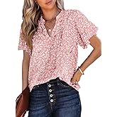 SHEWIN Women's Casual V Neck Floral Print Smocked Short Sleeve Chiffon Blouses Bohemian Top Shirts