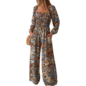 Lepunuo Womens Overalls Fall Long Sleeve Wide Leg Long Pant Rompers | Elastic Waist, Shoulder Straps, Sleeve Cuff, Loose Fit
