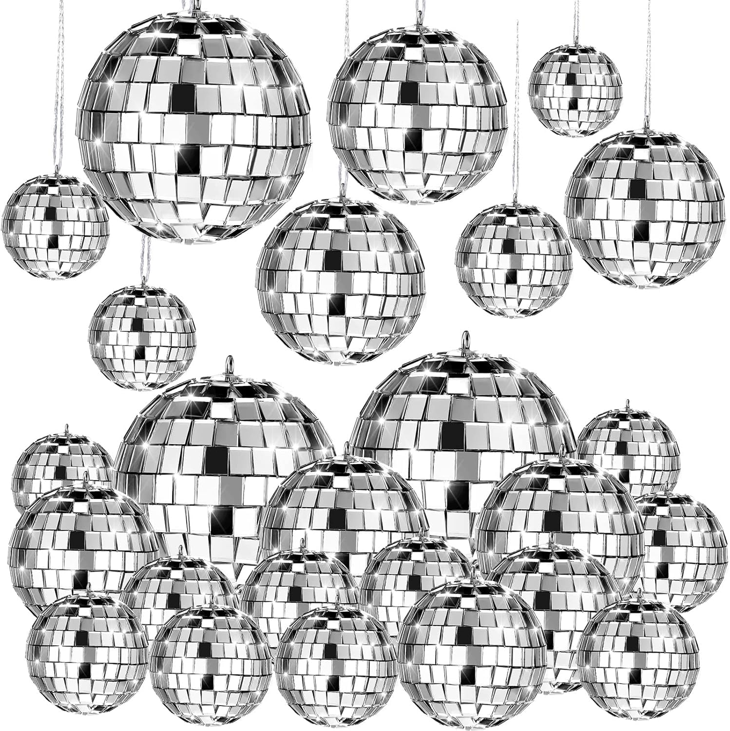 Photo 1 of Mtlee 20 Pcs Disco Balls Decoration Mirror Disco Ball for Flies Assorted Hanging Mini Glass Different Sizes Reflective with Rope for Halloween DIY Wedding Music Prom Props