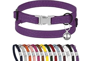 BUDKAS Leather Cat Collar with Buckle and Removable Bell - Non Breakaway Adjustable Soft Safety Small Pet Collars for Girl Boy Cats Kitten (Purple)
