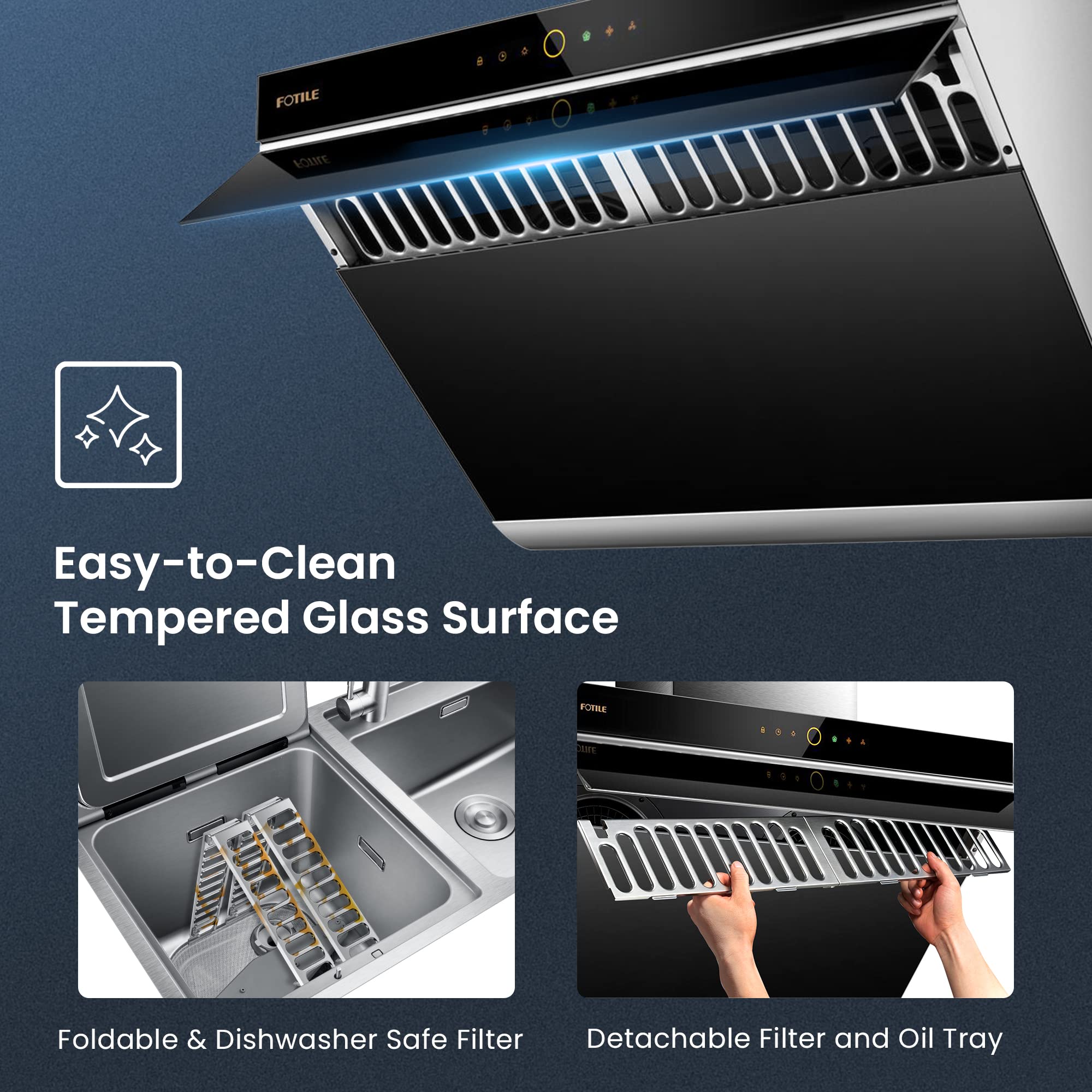 FOTILE JQG7505 30” Under-Cabinet or Wall-Mount Range Hood | Dual DC-Motor | Slant Vent Design | Hands Free On and Off | Touchscreen with 4 Speed Level | Modern Kitchen Onyx Black Glass
