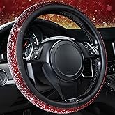 CAR PASS Bling Diamond Leather Steering Wheel Cover, Bling Sparkly Crystal Glitter Rhinestones Universal Fit 14" 1/2-15" Car Wheel Protector for Women Girl Fit Suvs,Vans,Sedans,Trucks, Red Silver