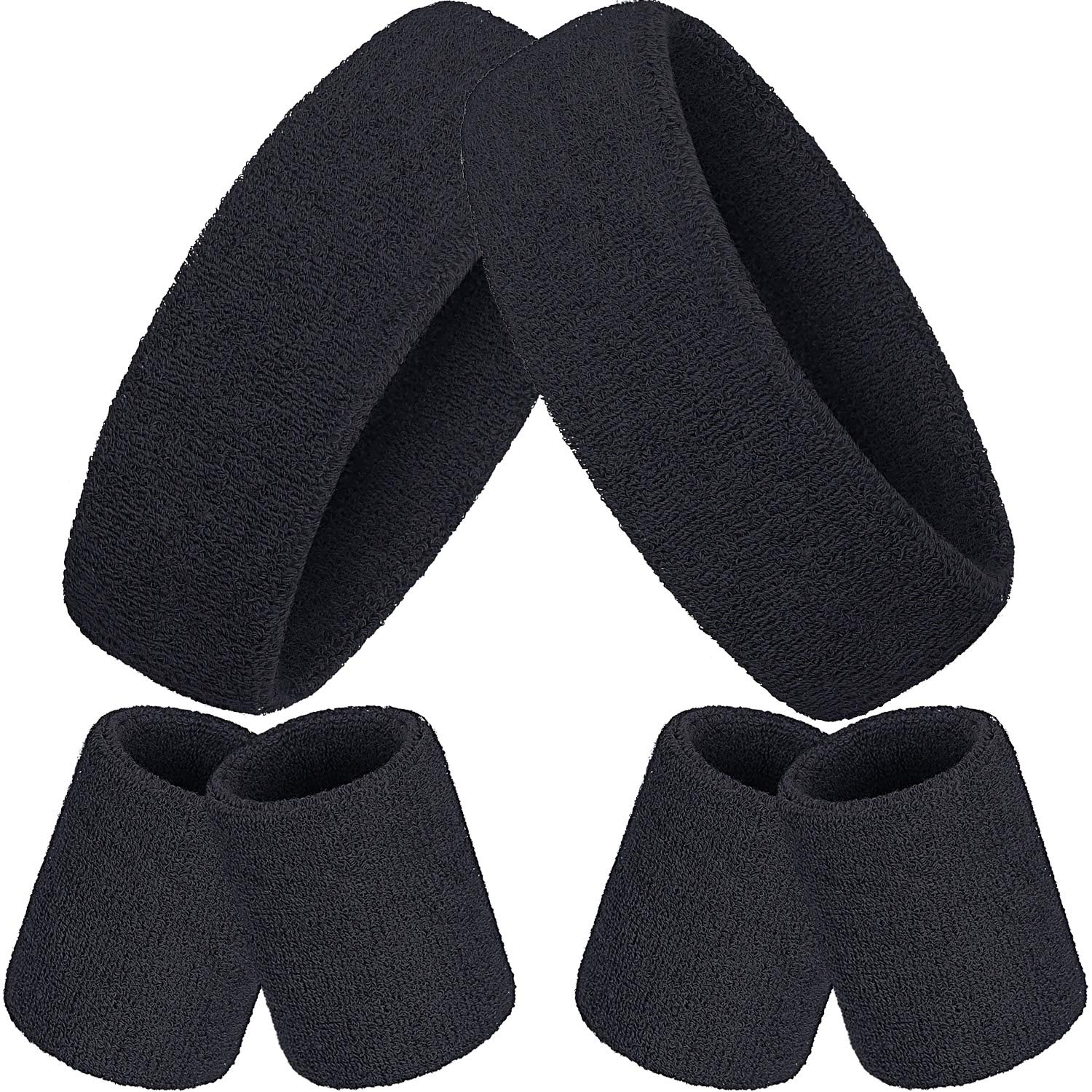 Sports Headbands Set, Includes Sports Headband and Wrist Bands, Set of Colourful Cotton Sports Headband for Men and Women (Black, 6 Pieces) โ image 1