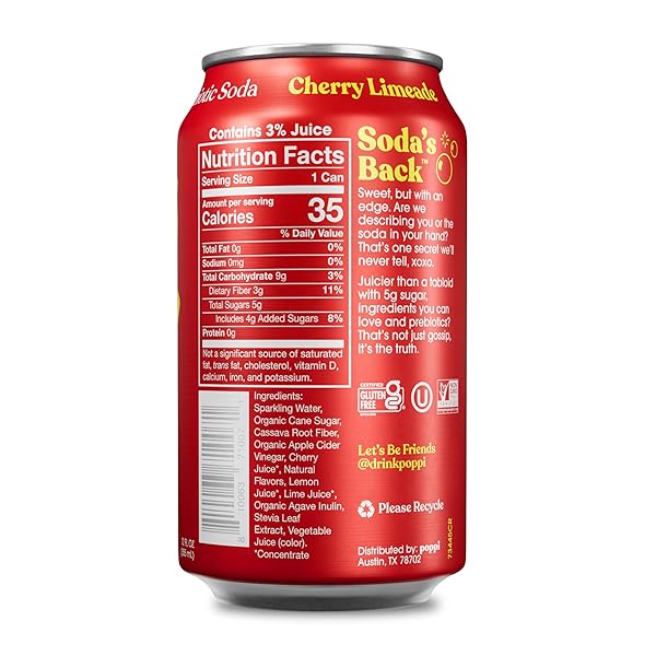 POPPI SPARKLING PREBIOTIC SODA BEVERAGE WITH APPLE CIDER VINEGAR, SELTZER WATER AND FRUIT JUICE, CHERRY LIMEADE FLAVOR, 12 FL OZ, PACK OF 12, PACKAGING MAY VARY