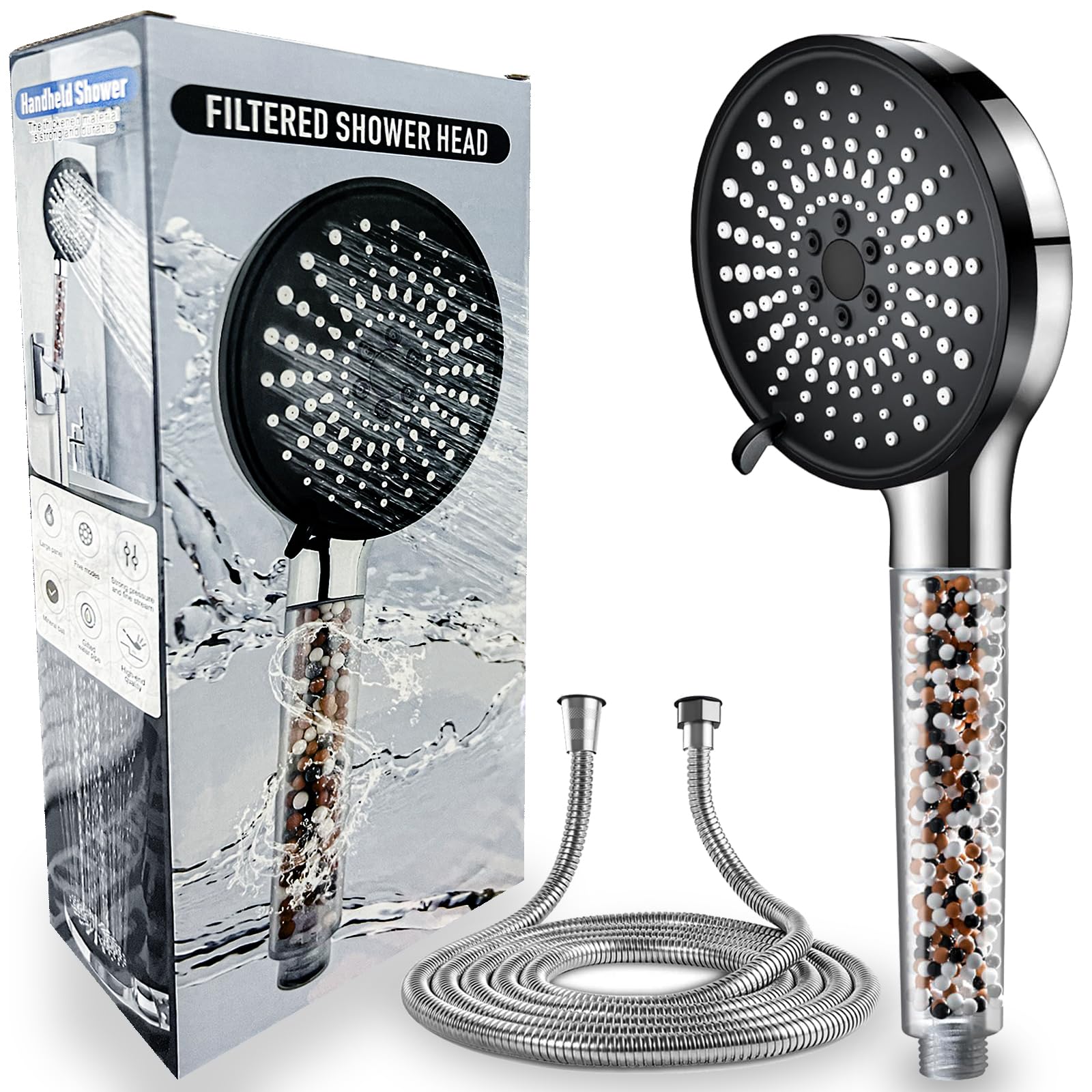 Rusoz Filter Shower Head and Hose Set ,Shower Head Filter For Hard Water High Pressure Handheld Powerful Shower Heads With 1.5m Shower Hose ,5 Modes Ionic Shower Head