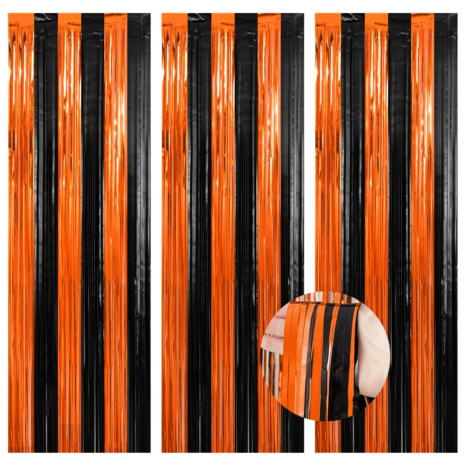 WenYa 3 Pack Black Orange Foil Fringe Curtains Halloween Decorations, 3.3ft x 6.6ft Glitter Fringe Rain Curtain, Photo Booth Streamer Tinsel Curtain Streamer for Halloween Christmas Party