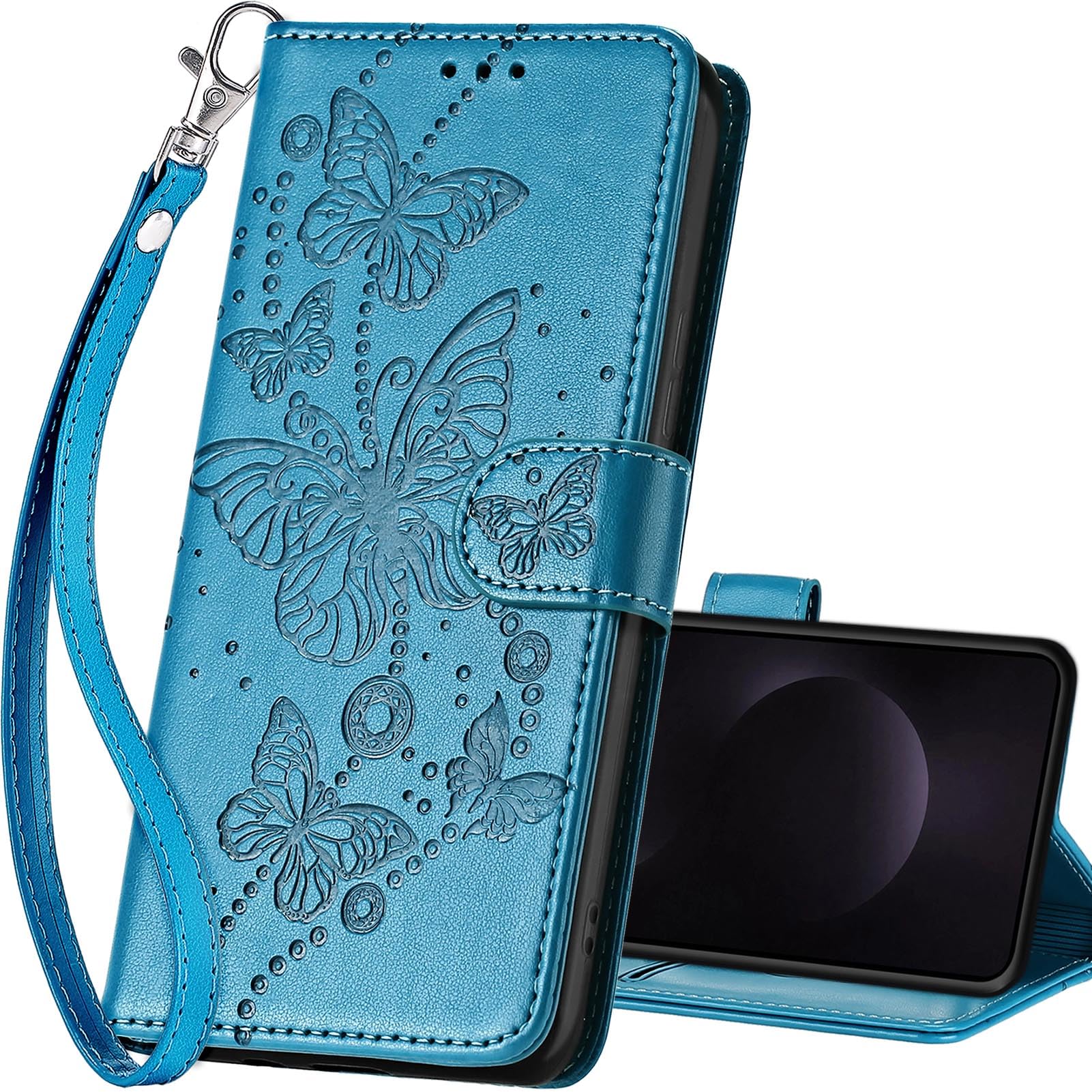 for Samsung Galaxy S25 FE 5G Wallet case, Flip Folio Cover with Stand Feature for Women Men, PU Leather Phone Case Fit for Samsung S25 FE [Blue-Butterfly]