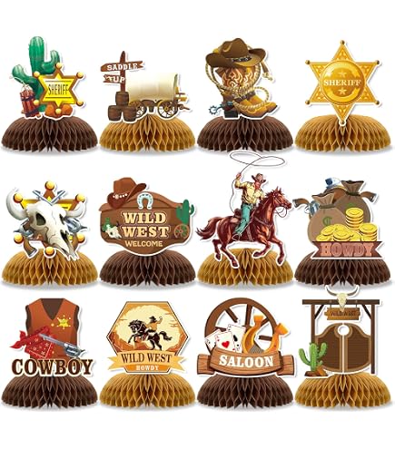 24-teiliges Western-Cowboy Party-Deko-Set – Mit Banner, Wirbeln, Foto-Requisiten & Waben-Mittelstück, Braun/gold
