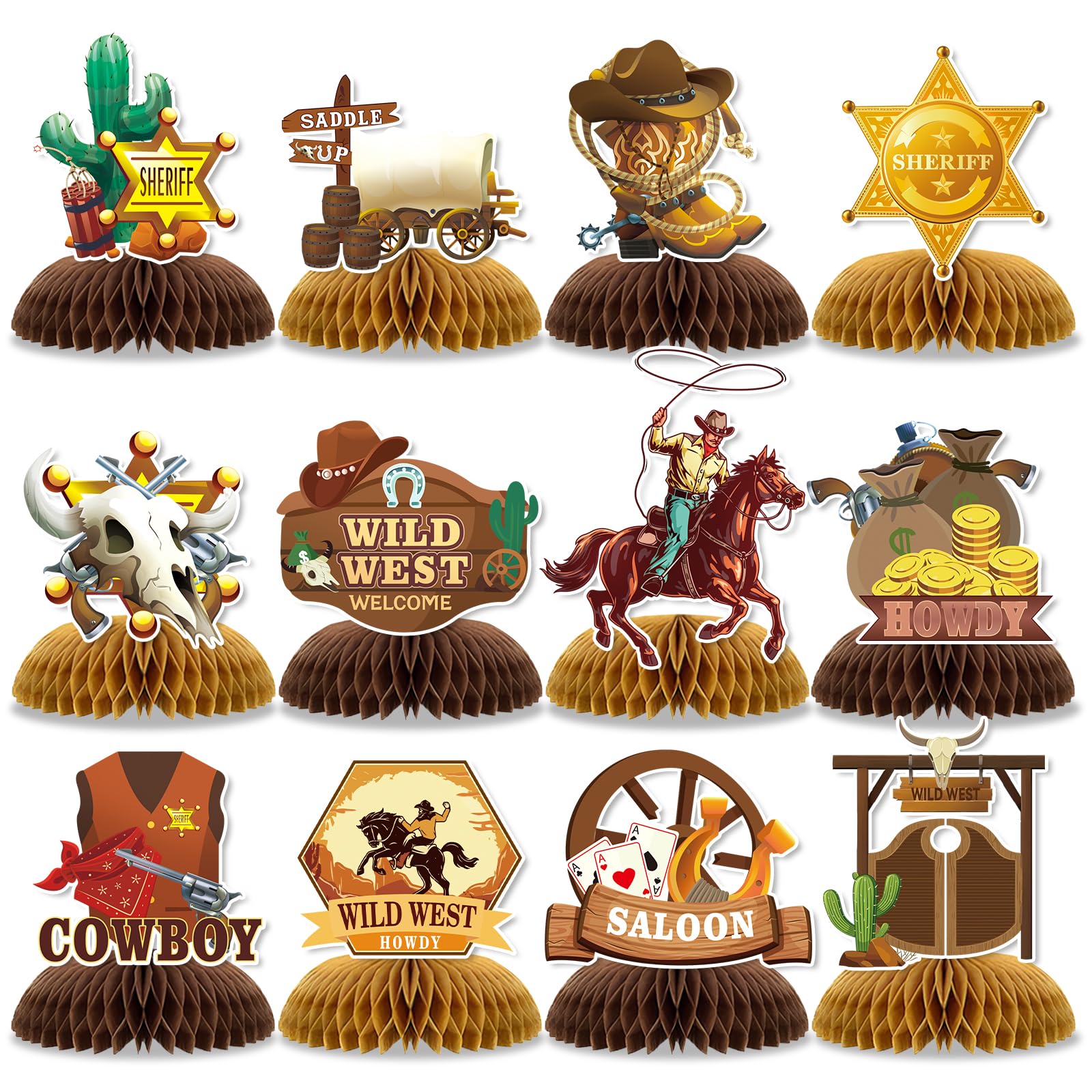 Photo 1 of 12 Pcs Wild West Party Decorations, Western Cowboy Happy Birthday Decorations, Cowboy Table Honeycomb Centerpieces Decor Table for Party Supplies for Women Men The West Cow Boys Girls Cowgirl Rodeo