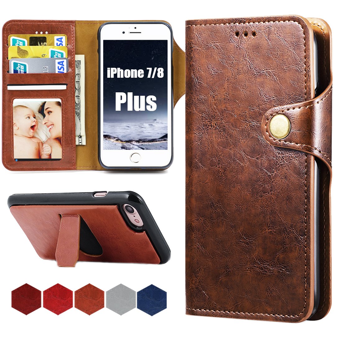 AxPower for iPhone 7 Plus iPhone 8 Plus Wallet Leather Case with Card Holder Folio Flip Cell Phone Cover with Stand Holder for Man and Women (i7 Plus & i8 Plus (Brown))