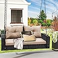 DWVO 2-Seats Wicker Hanging Porch Swing Chair Outdoor Black Rattan Patio Swing Lounge w/ 2 Back Cushions Capacity 530lbs for Garden, Balcony, Living Room, Beige