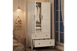 GarveeHome Armoire Wardrobe Closet with 2 Drawers,72 in Wooden Wardrobe Cabinet with Hanging Rod, Tall Clothing Armoire Cabinet with Doors and 18 Adjustable Shelves for Bedroom, Clothes, Rustic White