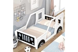 Bellemave Twin Size Toddler Bed, Classic Car-Shaped Platform Bed with Wheels, Wood Twin Montessori Floor Bed for Kids Boy Girls (White+Black)