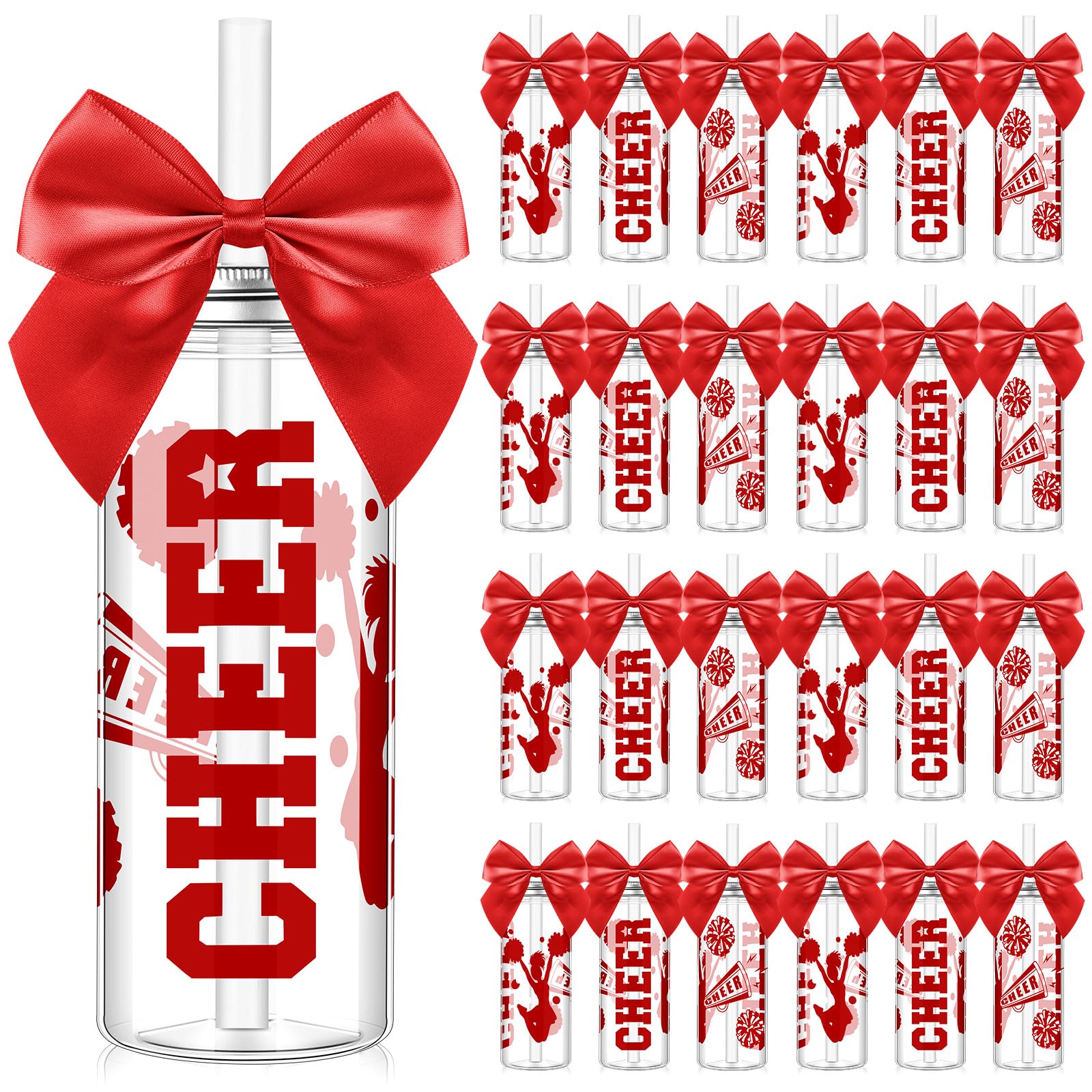 Photo 1 of Teenyyou 24 Pcs Cheerleader Gift Bulk for Team Cheer Cups 14 oz Bow Water Bottle Plastic Cheer Tumblers with Lid and Straw for Cheerleader Sport Party Favor Senior Night Gift (Red)