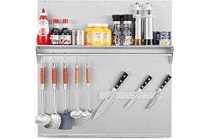 Wilprep Range Backsplash, 30"x30" Stainless Steel Backsplash with Storage Shelf & Magnetic Knife Rack, Range Hood Stainless Steel Backsplash for Stove, Range Hood Wall Shield with Pre-Drilled Holes