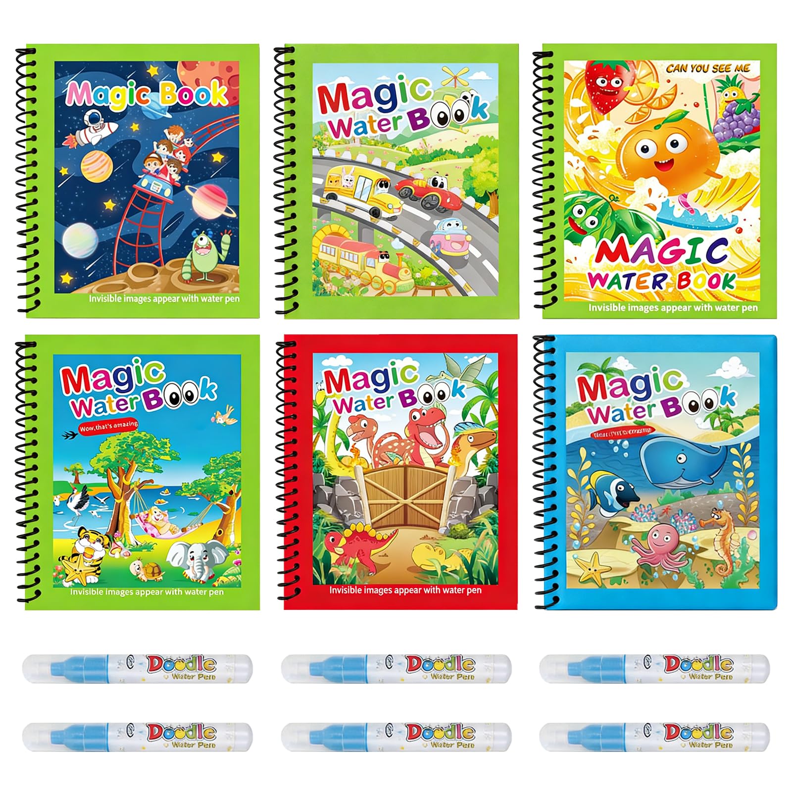 Magic Water Colouring Books, 6 Pcs Reusable Water Painting Books with 6 Water Pens, Animal Drawing Doodle Book Mess-Free Educational Toy for 3+ Toddler Children Art Activity Gift