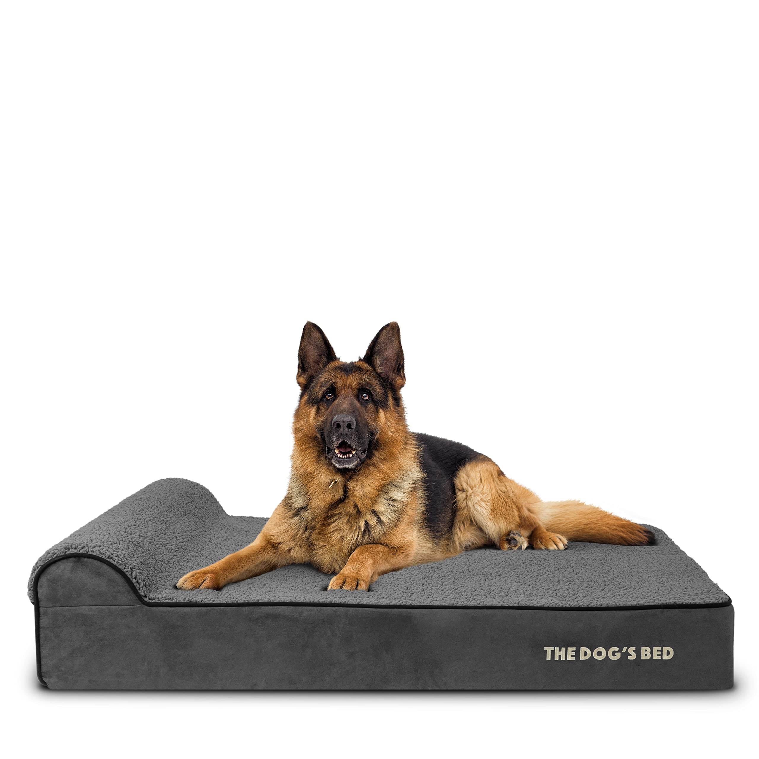 The Dog’s Bed – Orthopaedic Memory Foam Bed with Headrest, Grey Plush, XL, 15cm