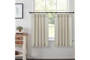 Pinch Pleat Linen Cafe Curtains 24 Inch Length for Kitchen Over Sink Back Tab Neutral Semi Sheer Short Valance Curtains for S