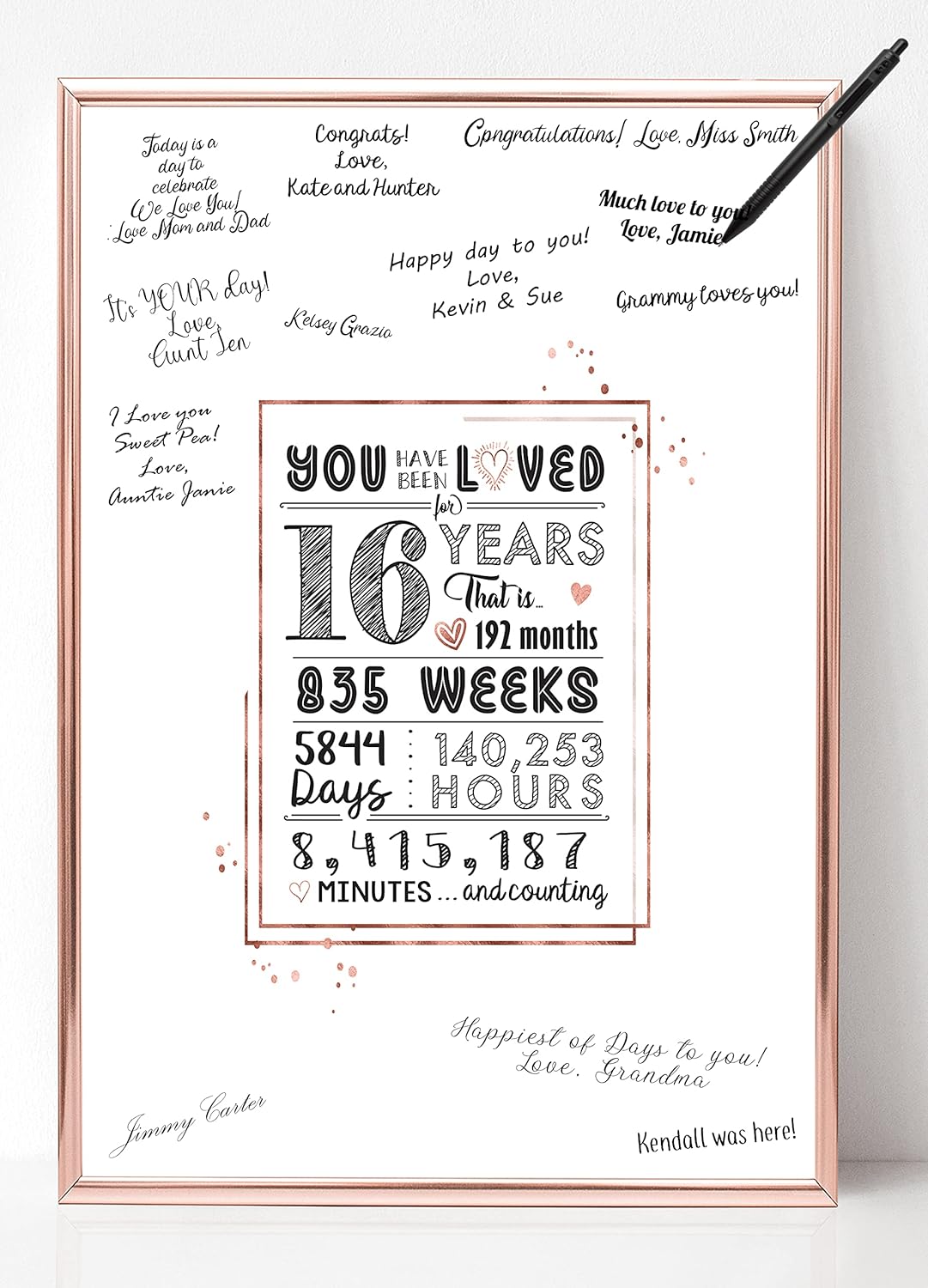 Wall Décor - Katie Doodle Rose Gold Sweet 16 Birthday Decorations - Cute Guest Book Alternative - Great Sweet 16 Gifts for Girls or 16th Birthday Decorations for Girls - 11x17 inch Poster [Unframed] Rose Gold