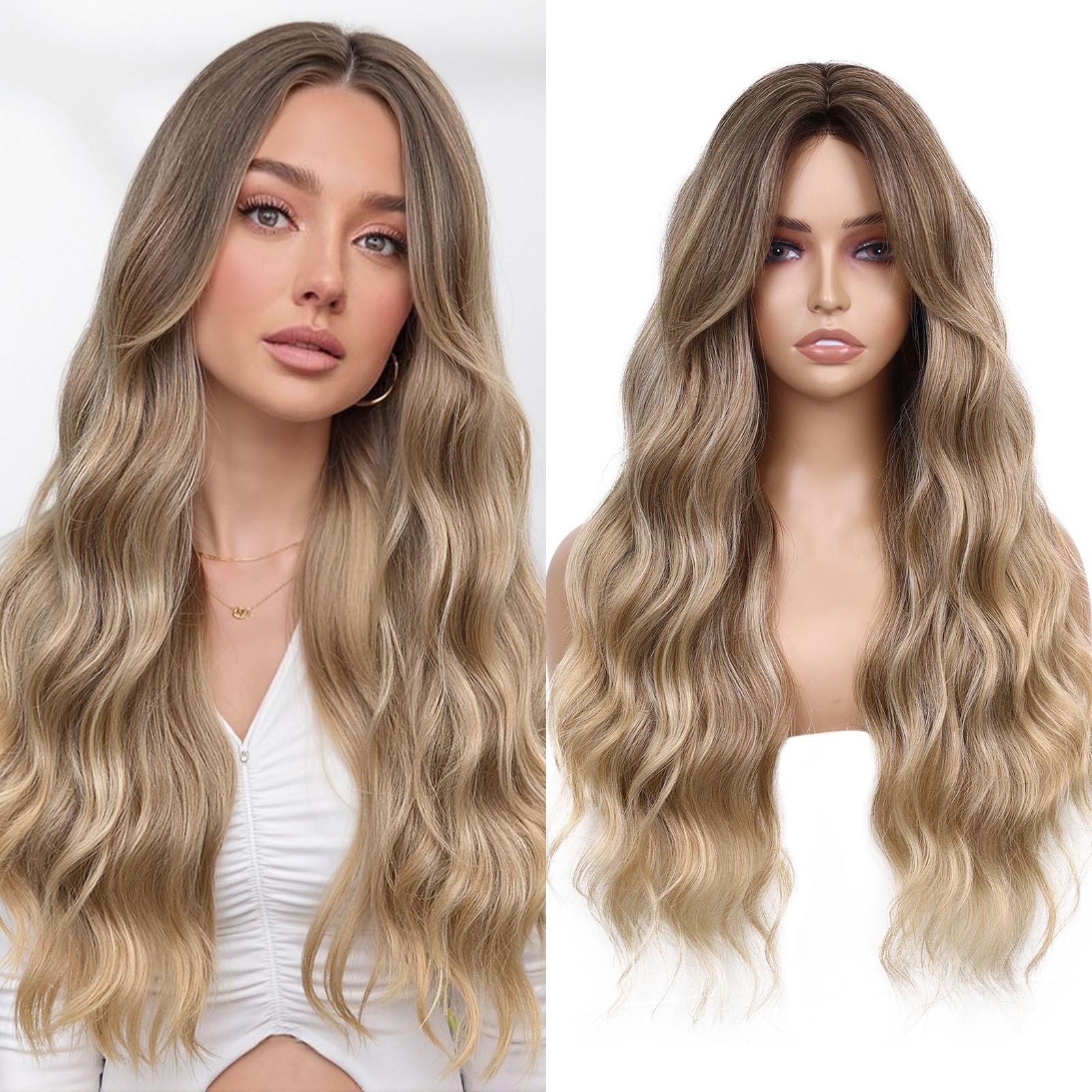 Photo 1 of WIGNEE Long Ombre Blonde Curly Wavy Wig with Dark Root for Women 26 Inch Middle Part Synthetic Hair Wig with Bangs Natural Looking for Daily/Cosplay/Halloween