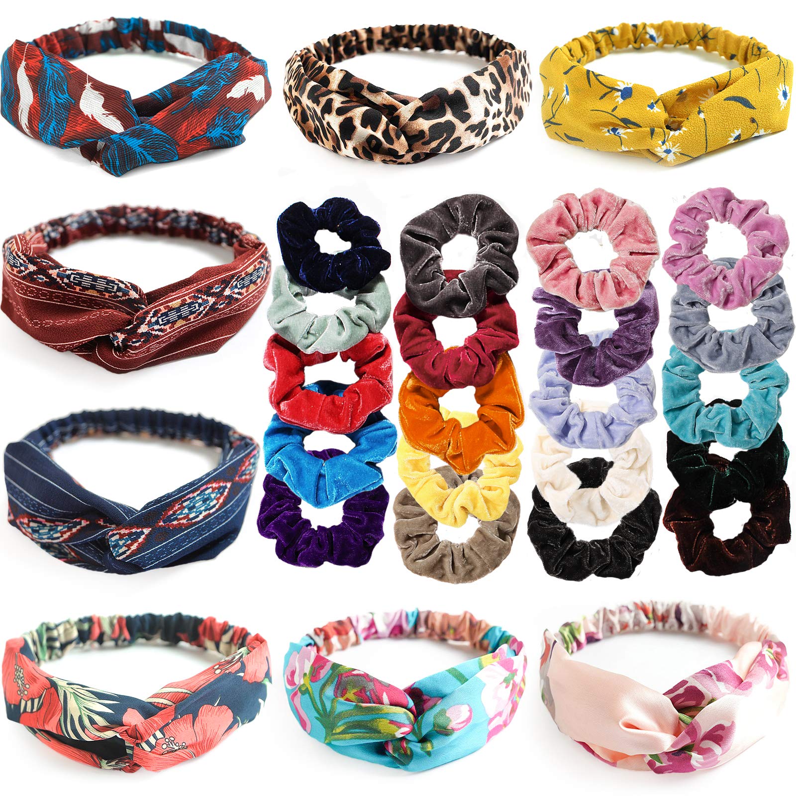 Headbands Set for Girls, MEOWMEE 28Pcs Velvet Hair Scrunchies and Headbands Colorful Elastic Hair Ties Ponytail Holders Scrunchy Twisted Chiffon Hair Bands for Women Girls Hair Accessories