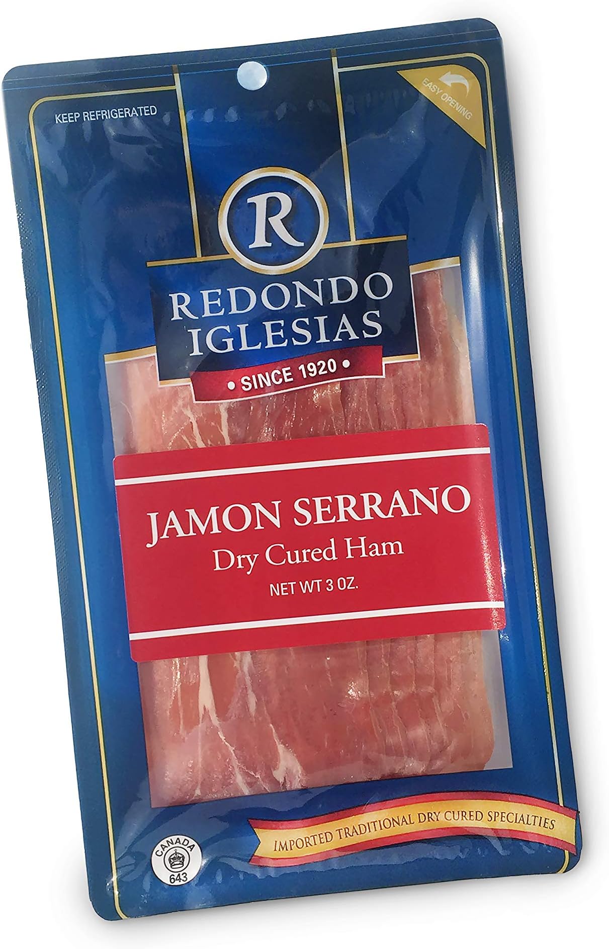 Jamon Serrano 12 units CASE - Sliced 2 oz - 15 months aged dry cured ham - Spain Gourmet Delicatessen Tapas (CASE)