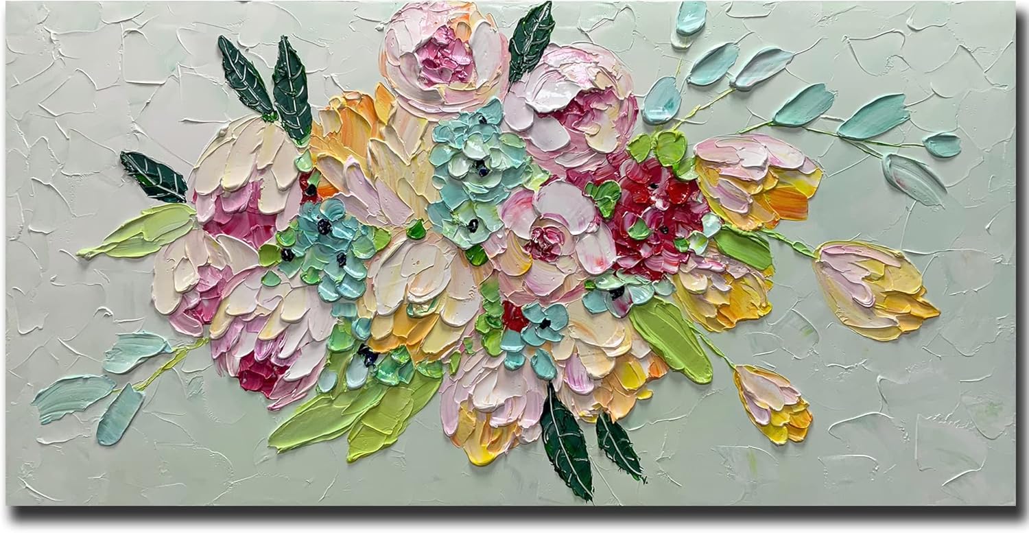 Paintings - AZAVY ART,24X48 Inch Modern Hand Painted 3D Textured Colorful Flower Wall Art Floral Bouquet Oil Paintings on Canvas Still Life Artwork Stretched and Framed Ready to Hang for Living Room Bedroom