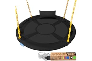 SereneLife 40" Saucer Swing - Outdoor Swing Set with Heavy-Duty Chains & Hanging Kit, Swinging Seat Spinner with Pillow & Carry Bag, Weatherproof, Water-Resistant, Supports Up to 700 lbs, Black