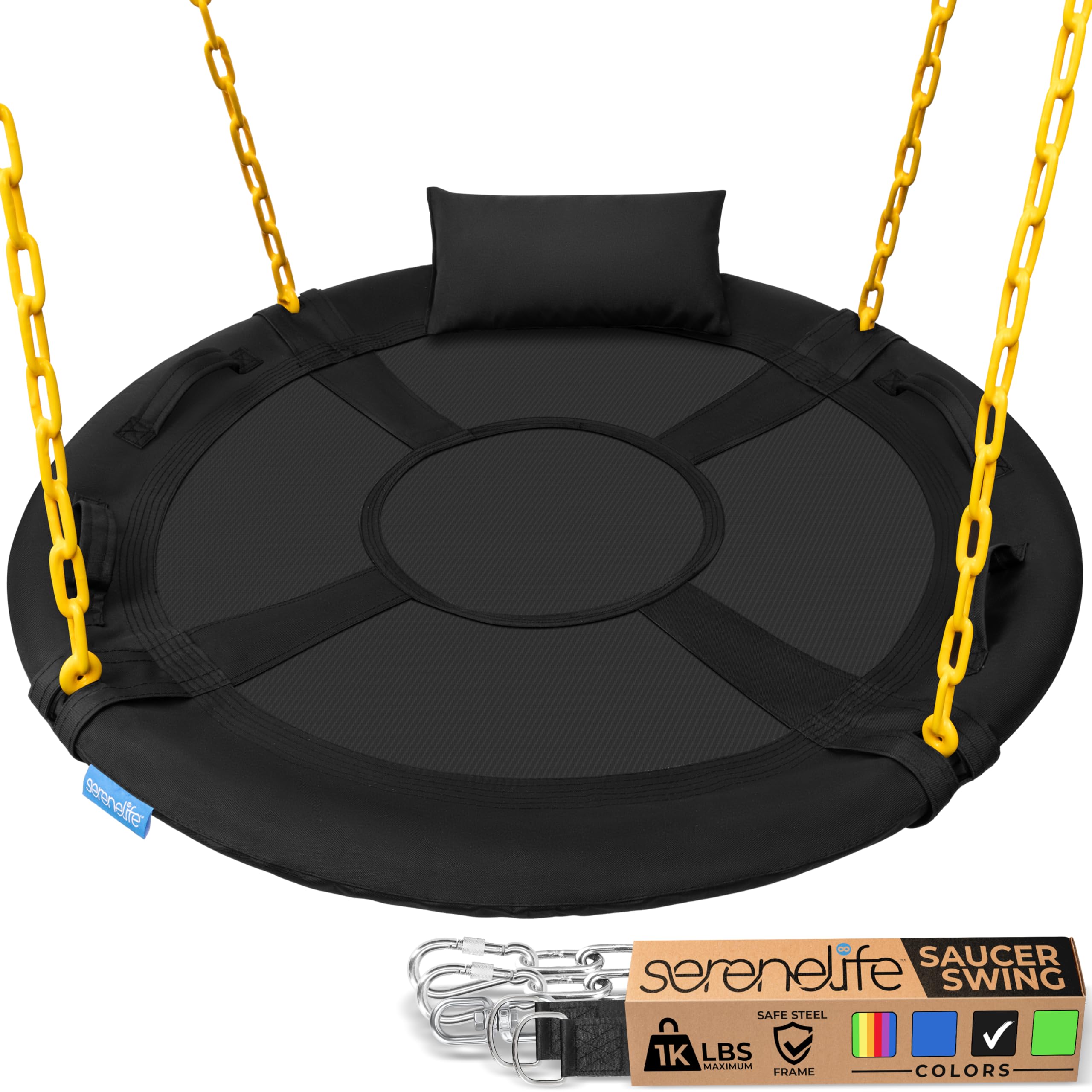 SereneLife 40" Saucer Swing - Outdoor Swing Set with Heavy-Duty Chains & Hanging Kit, Swinging Seat Spinner with Pillow & Carry Bag, Weatherproof, Water-Resistant, Supports Up to 700 lbs, Black Image SereneLife 40" Saucer Swing - Outdoor Swing Set with Heavy-Duty Chains & Hanging Kit, Swinging Seat Spinner with Pillow & Carry Bag, Weatherproof, Water-Resistant, Supports Up to 700 lbs, Black Image