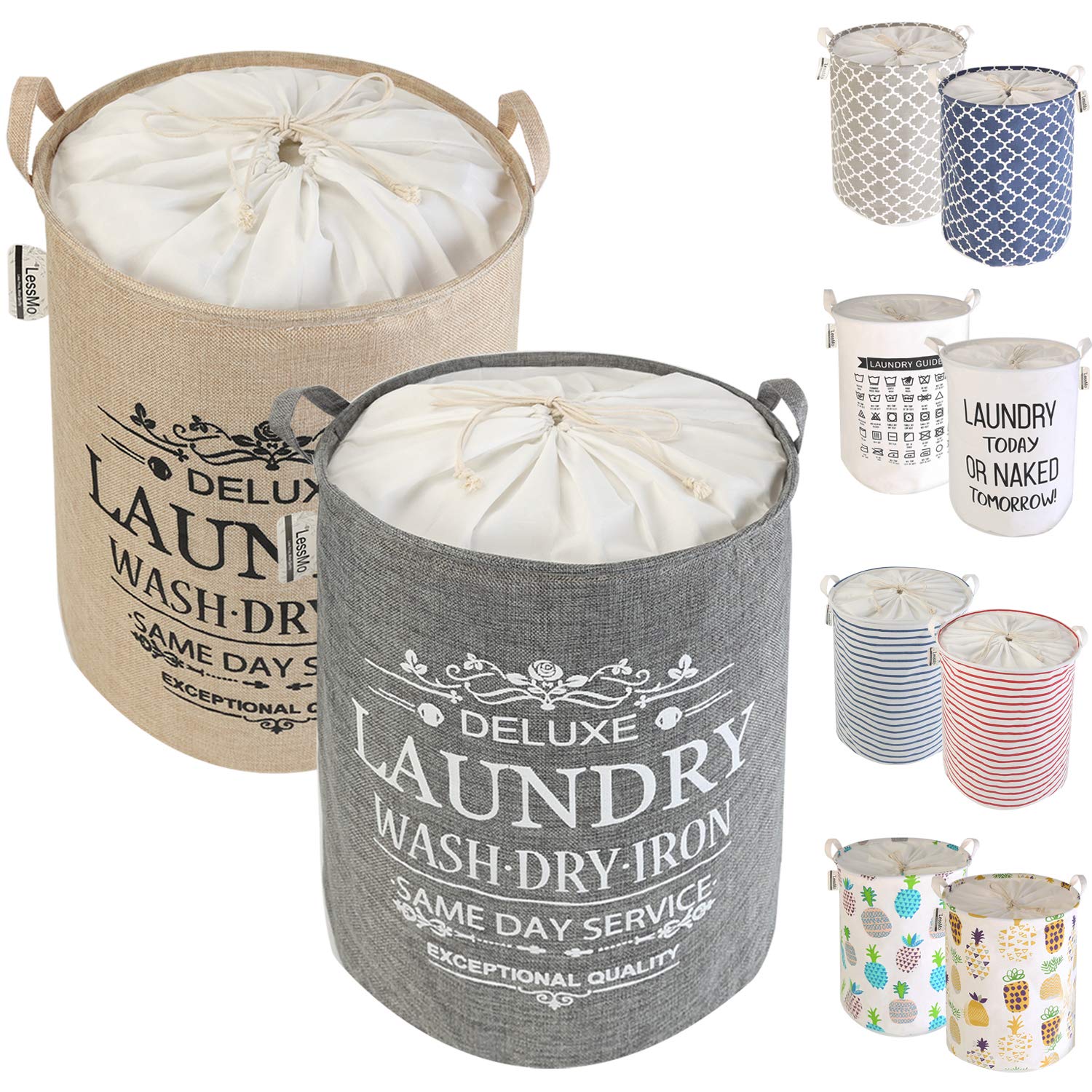 LessMo 2 Pcs 17.7" Laundry Basket, Foldable Laundry Basket Storage Sorter, Drawstring Waterproof Closure for Dust-proof, for Room, Large Cotton and Linen Fabric