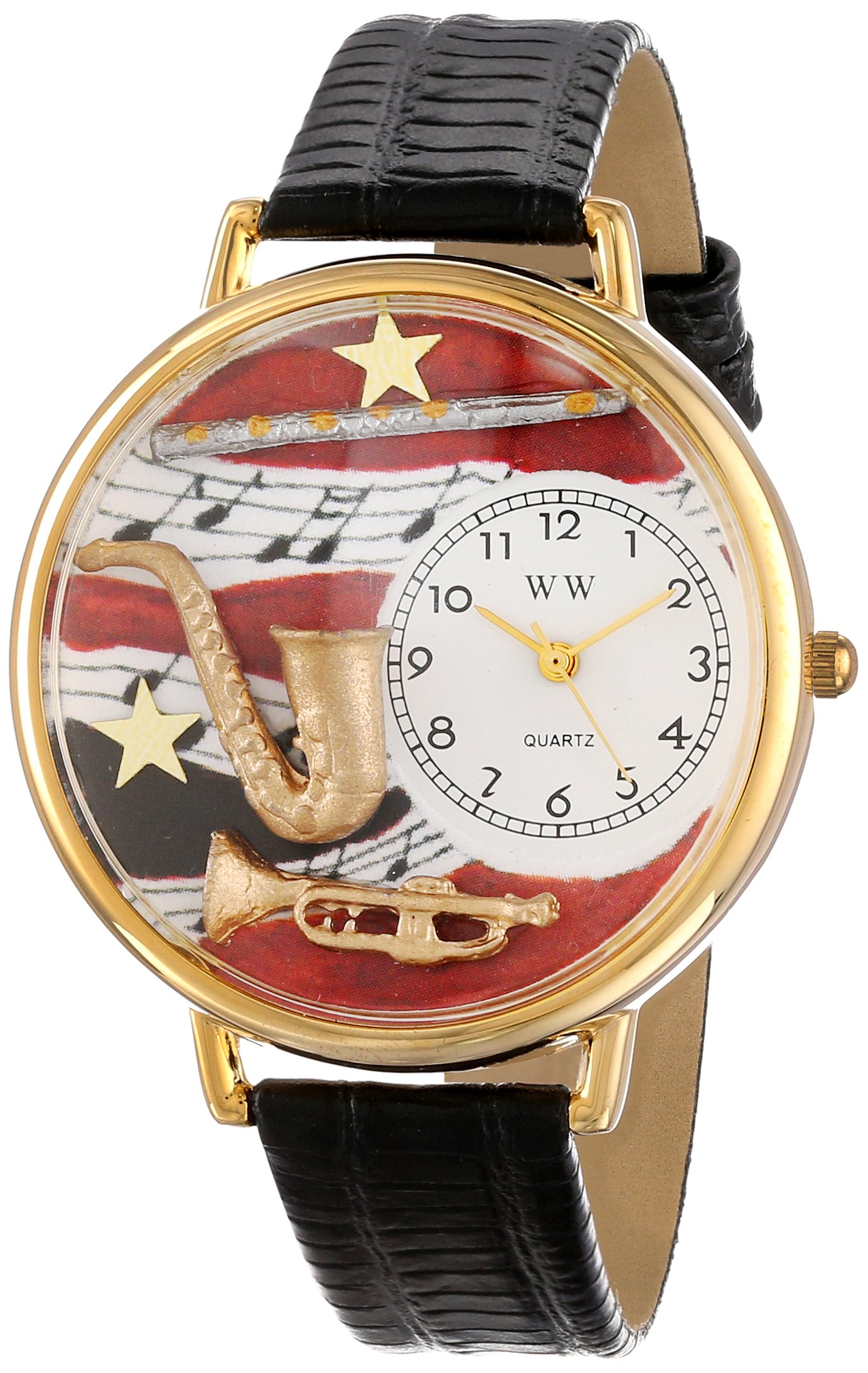 Whimsical Watches Wind Instruments Black Skin Leather and Goldtone Unisex Quartz Watch with White Dial Analogue Display and Multicolour Leather Strap G-0510014