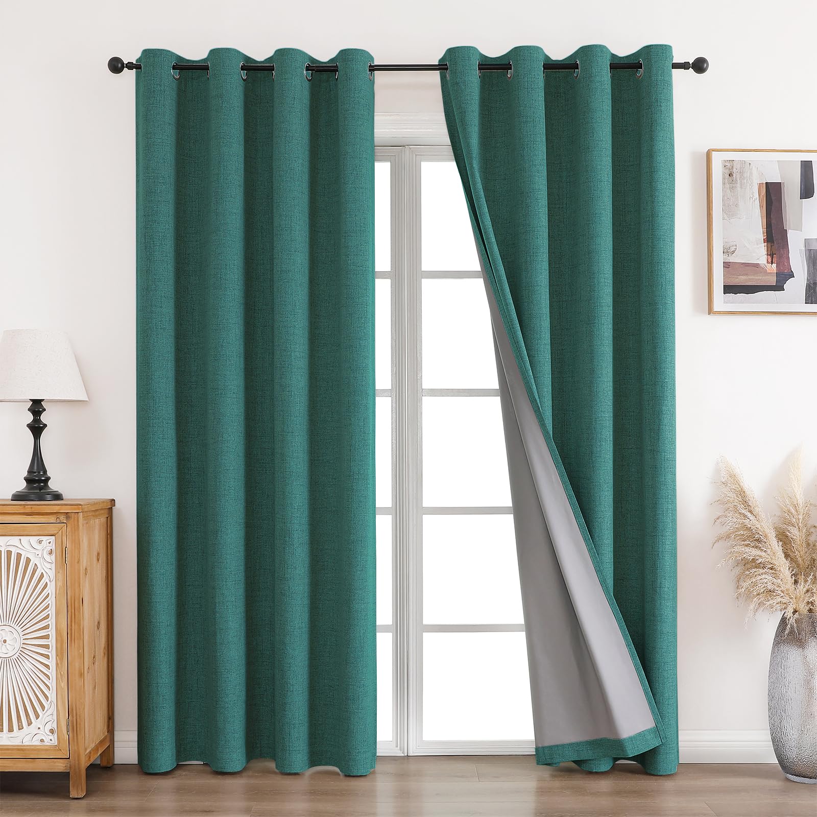 CUCRAF 100% Blackout Curtains Dark Green 90 Inch Drop 2 Panels Soft Texture Sun Blocking Thermal Eyelet Curtains for Bedroom Living Room 46 X 90 Inch