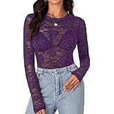 LYANER Women's Sexy Mesh Top Floral Long Sleeve See Through Shirt Lace Sheer Blouses
