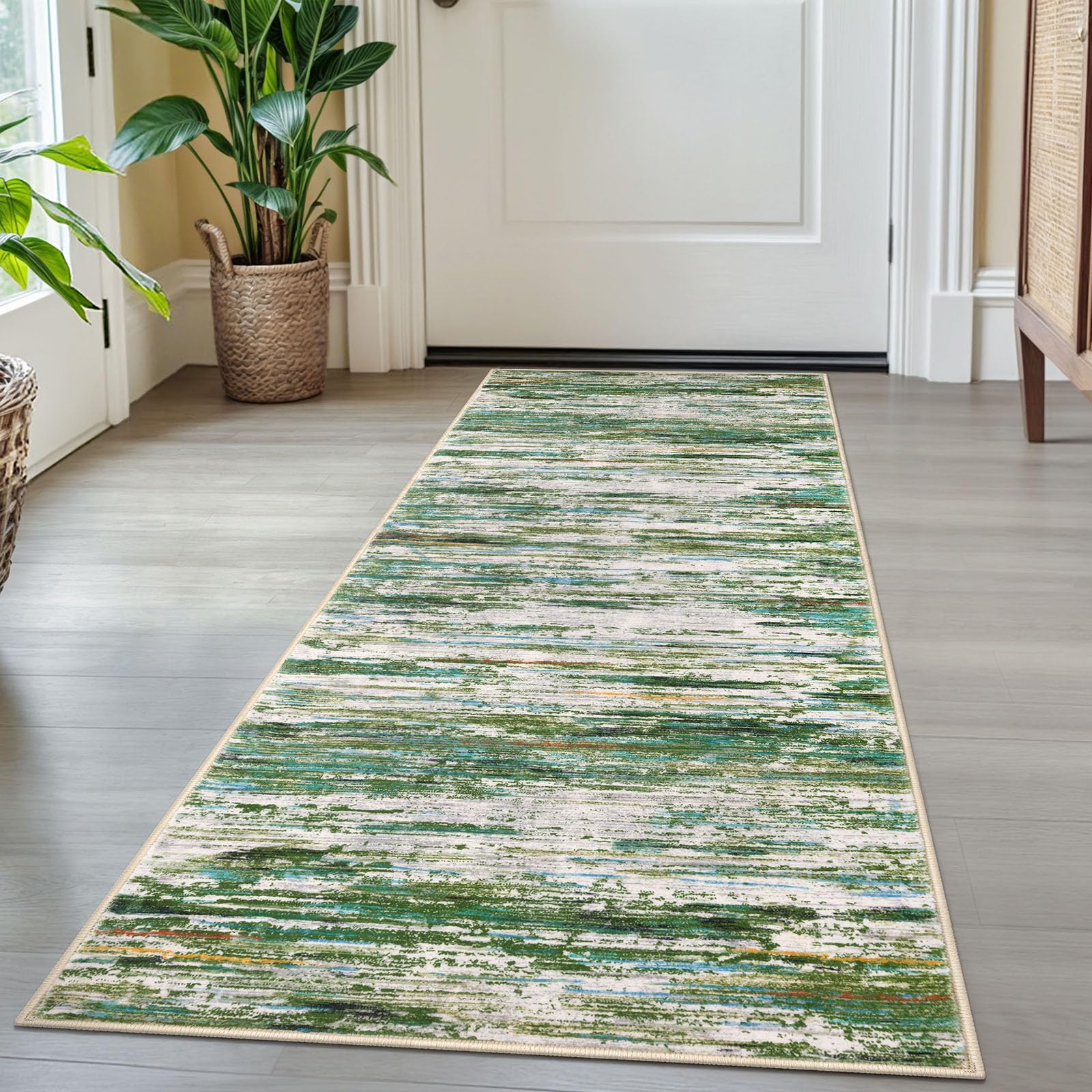 SIILOOM 2x5 Modern Abstract Runner Rug for Hallway, Green Grey Multi Super Soft Hallway Decor Kitchen Rugs with Non-Slip, Non-Shedding Washable Rug for Hallways Entryway Bedroom Laundry Indoor Image