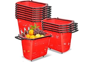 Fairysandy 12 Pcs Grocery Shopping Carts with Handle 35L Shopping Baskets with Wheels Plastic Grocery Rolling Trolley Stackable Retail Baskets for Supermarkets Retail Store Home Laundry Storage (Red)