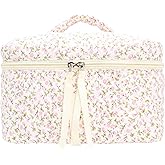 Quilted Makeup Bag Large Travel Zipper Soft Cosmetic Case for Women Girls Make Up,Floral Pink