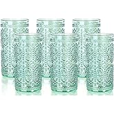 6 Pack Highball Embossed Beverage Glass Cup, 12oz Green Glassware Drinking, Vintage Drinking Glasses, Colored Water Glasses for Party Wedding Home Office and Gift