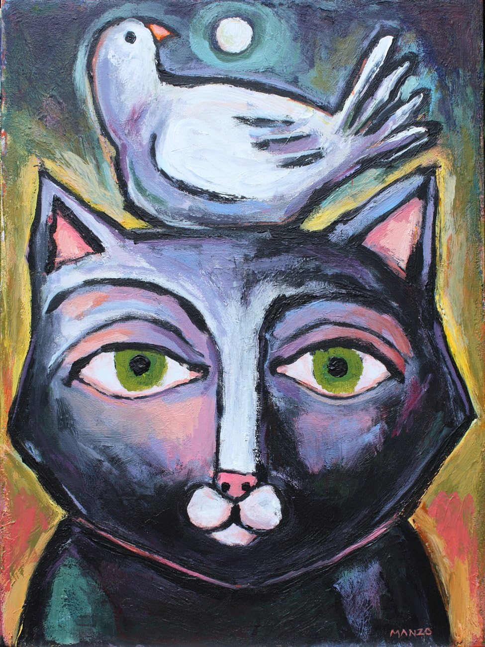 Peace of Mind, Giclee Print of Acrylic Painting, a Cat Balancing a Bird on His Head, 14 X 18 Inches