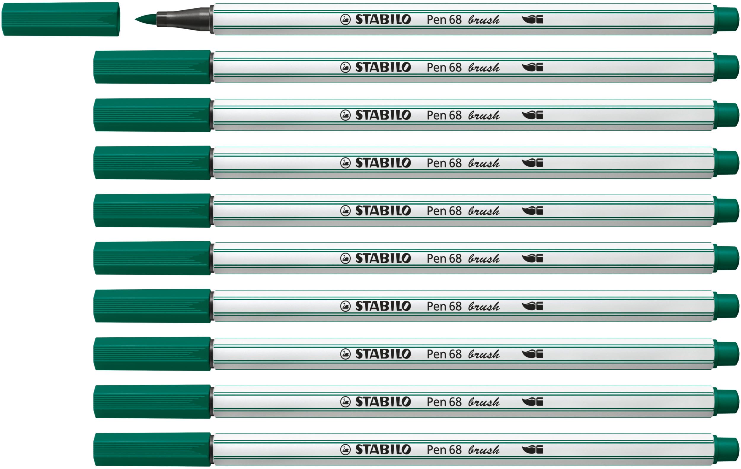 STABILO Pen 68 brush - Premium Fibre-Tip Pen with Brush Tip - Pack of 10 - Turquoise Green