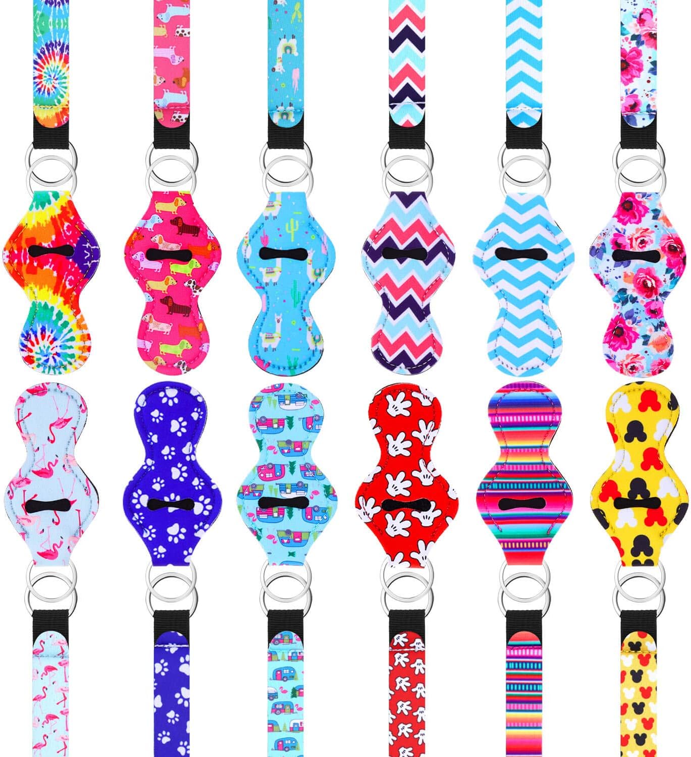 Shynek 24PCs Chapstick Holder Keychain with Wristlet Including 12PCs Lipstick Holder Keychain and 12PCs Neoprene Wristlet Keychain Lanyards, Portable Balm Holders Pouch for Girls Women