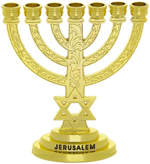 Menora, siebenarmiger Kerzenständer, mit Davidstern Nickel-Goldfarben.