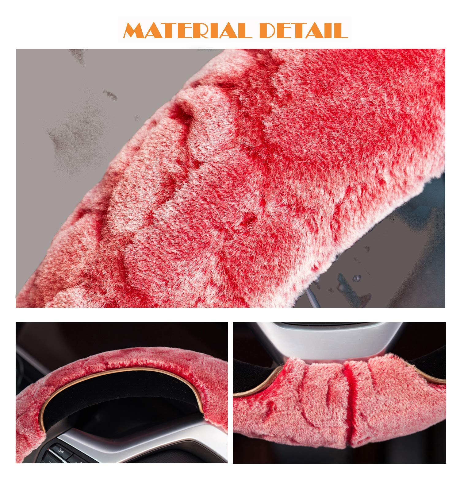 Furry Steering Wheel Cover 15 Inch Faux Wool Soft Fur Warm Winter Universal for Auto Car SUV (Short Plush, Red)