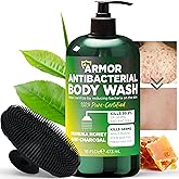 Antibacterial Body Wash | Antibacterial Soap for Men & Women | Kills 99.9% of Germs & Bacteria | Helps with Back Acne, Body Odor & Skin Irritation | Manuka Honey & Charcoal | Includes Scrubber16 fl oz
