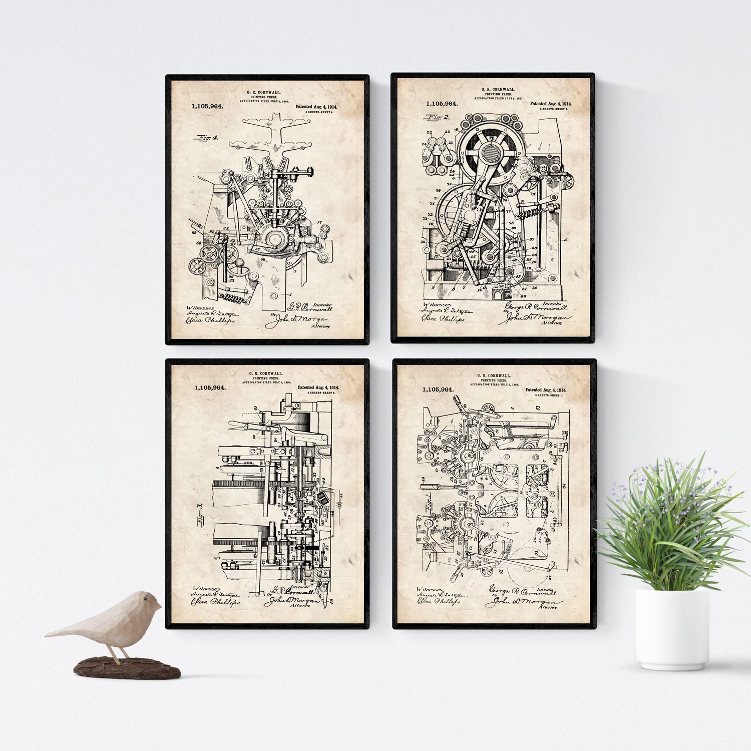 Nacnic VINTAGE - 4 Pack of sheets with PATENTS IMPRENTAS. Set posters with inventions and old patents. Choose the color you like. Printed on 250 grams