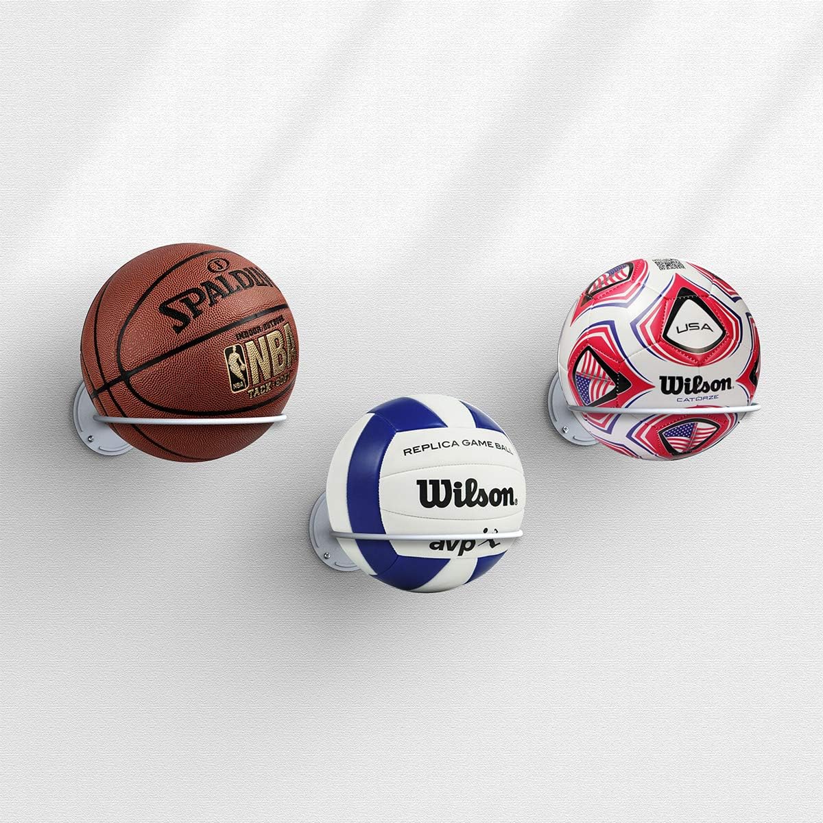 Suchek Steel Ball Holder Wall Mount, Display Rack Storage for Soccer, Basketball, Volleyball (2 Packs) (White): Sports & Outdoors