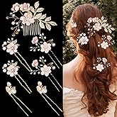 7 PCS Bridal Flower Wedding Hair Clips Crystal Pearl Hair Pins Headpiece Side Bridal Comb Gold Wedding Hair Accessories Jewelry for Brides Bridesmaids Women Girls Updo(Pink)